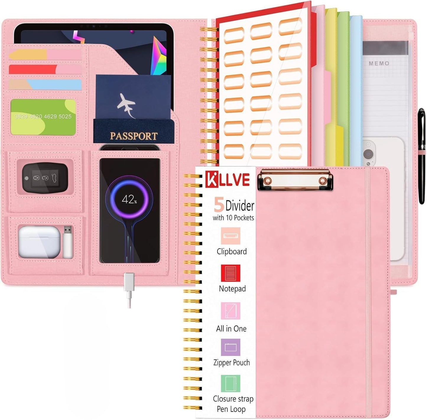 Grey Foldable Spiral Clipboard Folio with Storage Zipper Pouch, 5 Plastic Folders with Pockets,Refillable Lined Notepad (8.5" x 11"), Hardcover Project Organizer with 39 Stickers