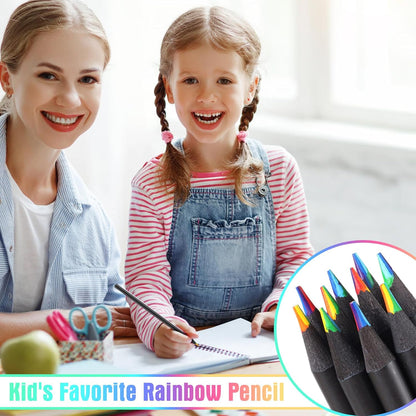 12 Pcs Rainbow Pencils with Sharpener, 7 Color in 1, Black Wooden, Art Supplies for Kids & Adults, Birthday Pencils