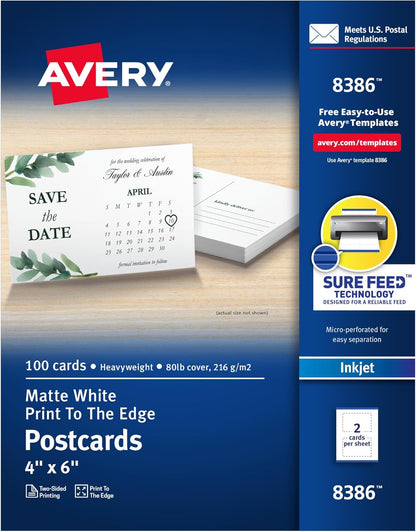 Avery Printable Postcards with Sure Feed Technology, 4" x 6", Matte White, 100 Blank Postcards for Inkjet Printers (8386)
