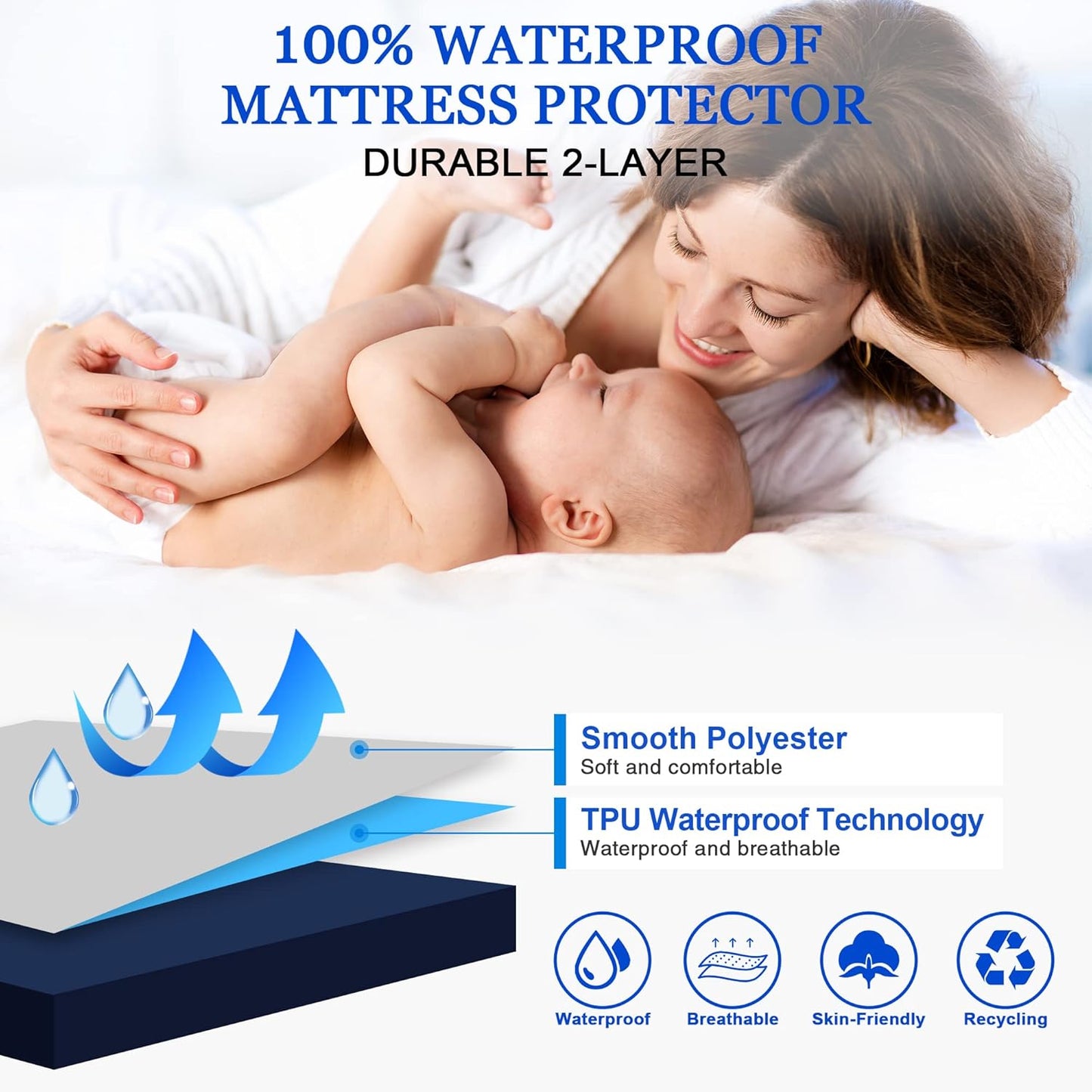 Sufdari Mattress Protector,Waterproof 18" Deep Pocket Mattress Cover Fitted Sheet Style with Elastic Rubber Band,Washable and Easy Care-Black,Queen
