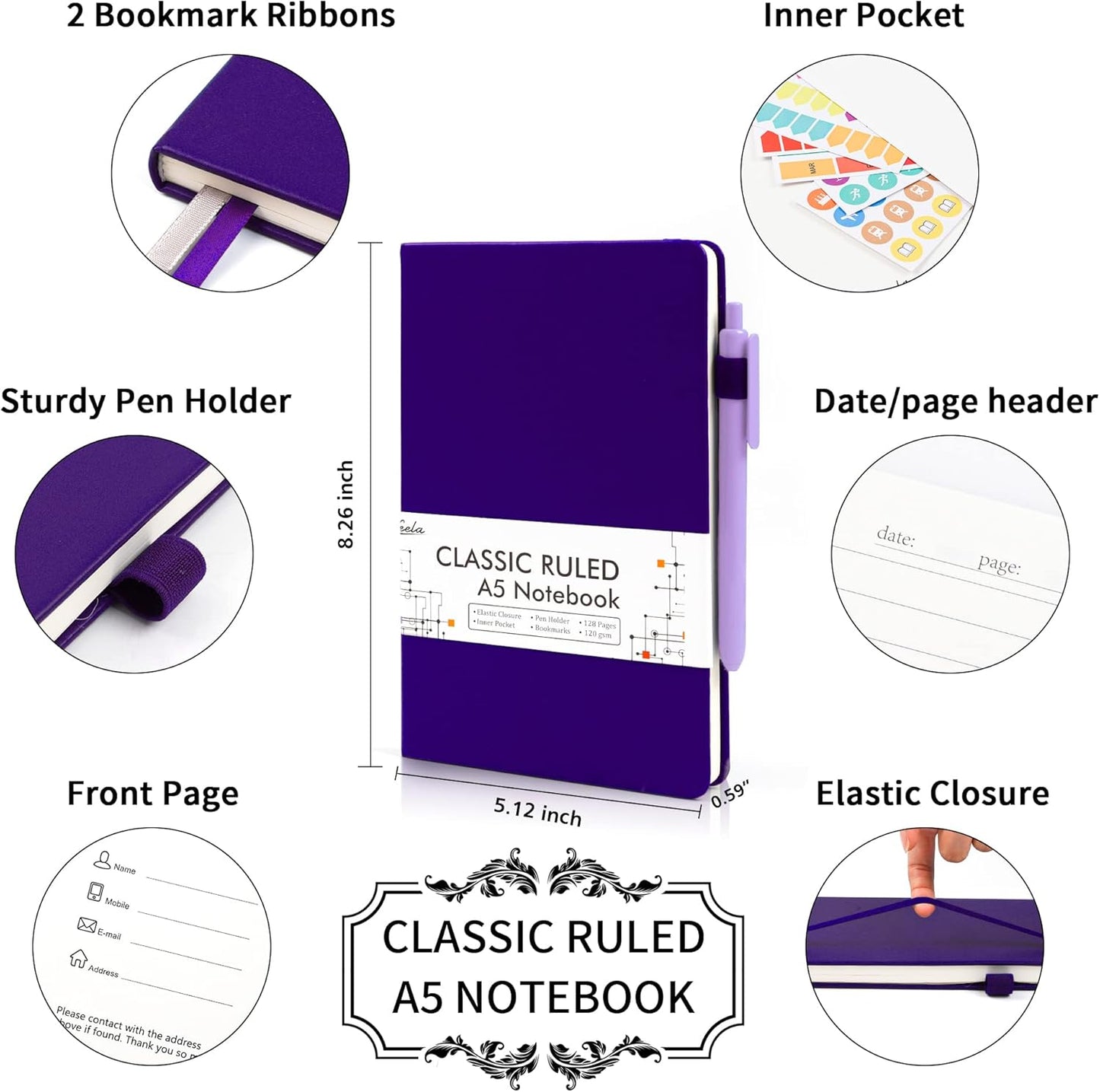 feela College Ruled Notebooks, 24 Pack Business Notebook Hardcover Lined Writing Journal with Pen Holder for Men Women Note Taking, with 24 Black Pens, 120 GSM, 5.1”x8.3”, A5, White