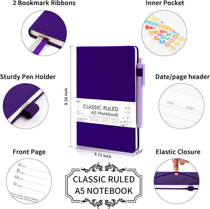 feela College Ruled Notebooks, 24 Pack Business Notebook Hardcover Lined Writing Journal with Pen Holder for Men Women Note Taking, with 24 Black Pens, 120 GSM, 5.1”x8.3”, A5, White