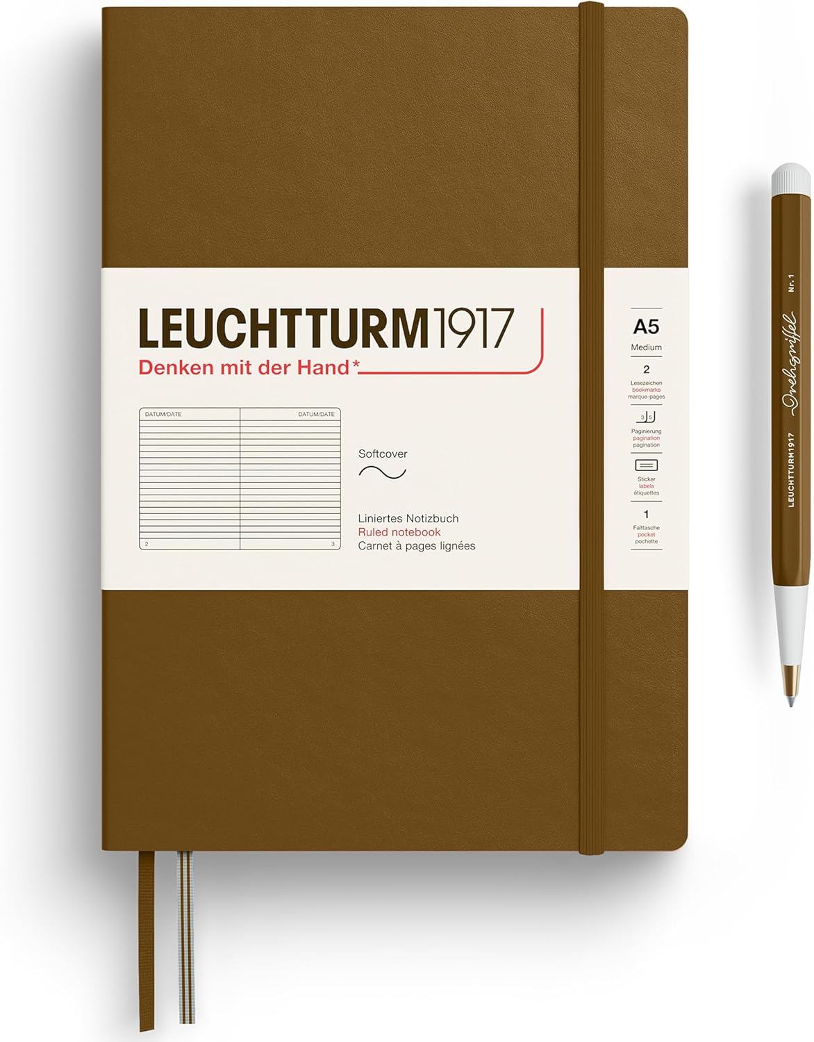 LEUCHTTURM1917 - Notebook Softcover Medium A5-123 Numbered Pages for Writing and Journaling - Thinking Ahead (Dotted Paper, Spice Brown)