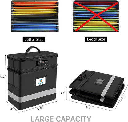 Fireproof File Box with Lock, Document Box Storage Organizer, Suitable for Hanging File Folders in Letter Size, Collapsible File Box, Reflective Strip for Fast Find (12.2"*6"*10.2, Black)