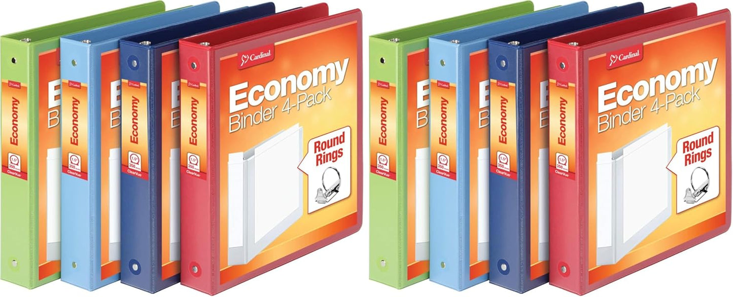 Cardinal 3 Ring Binders, Round Rings, Holds 350 Sheets, ClearVue Presentation View, Non-Stick, Assorted Colors (79550), 1.5 Inch (Pack of 4)