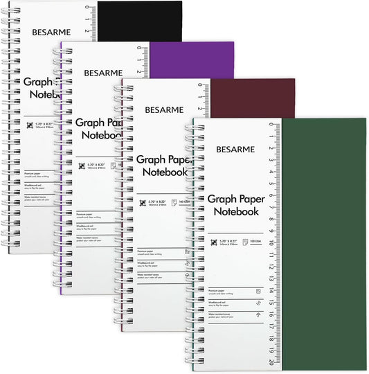 BESARME 4 Pack Graph Paper Notebook A5 Grid Paper Notebooks Waterproof Plastic Graphing Spiral Journal 5.7" x 8.22" Engineering Notebooks for Work School Supplies, 640 Pages 100 GSM