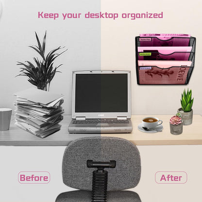 1 Pocket Mesh Wall File Holder Organizer Office Hanging File Folder Magazine Rack, Nametag Label Hooks Set Included (Black)