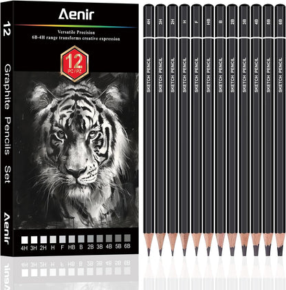Aenir Sketch Pencils for Drawing, Set of 12 Drawing Pencils for Sketching Medium (6B - 4H), Artist Graphite Pencils, Sketch Set for Artists for Sketching Supplies, Art Supplies.