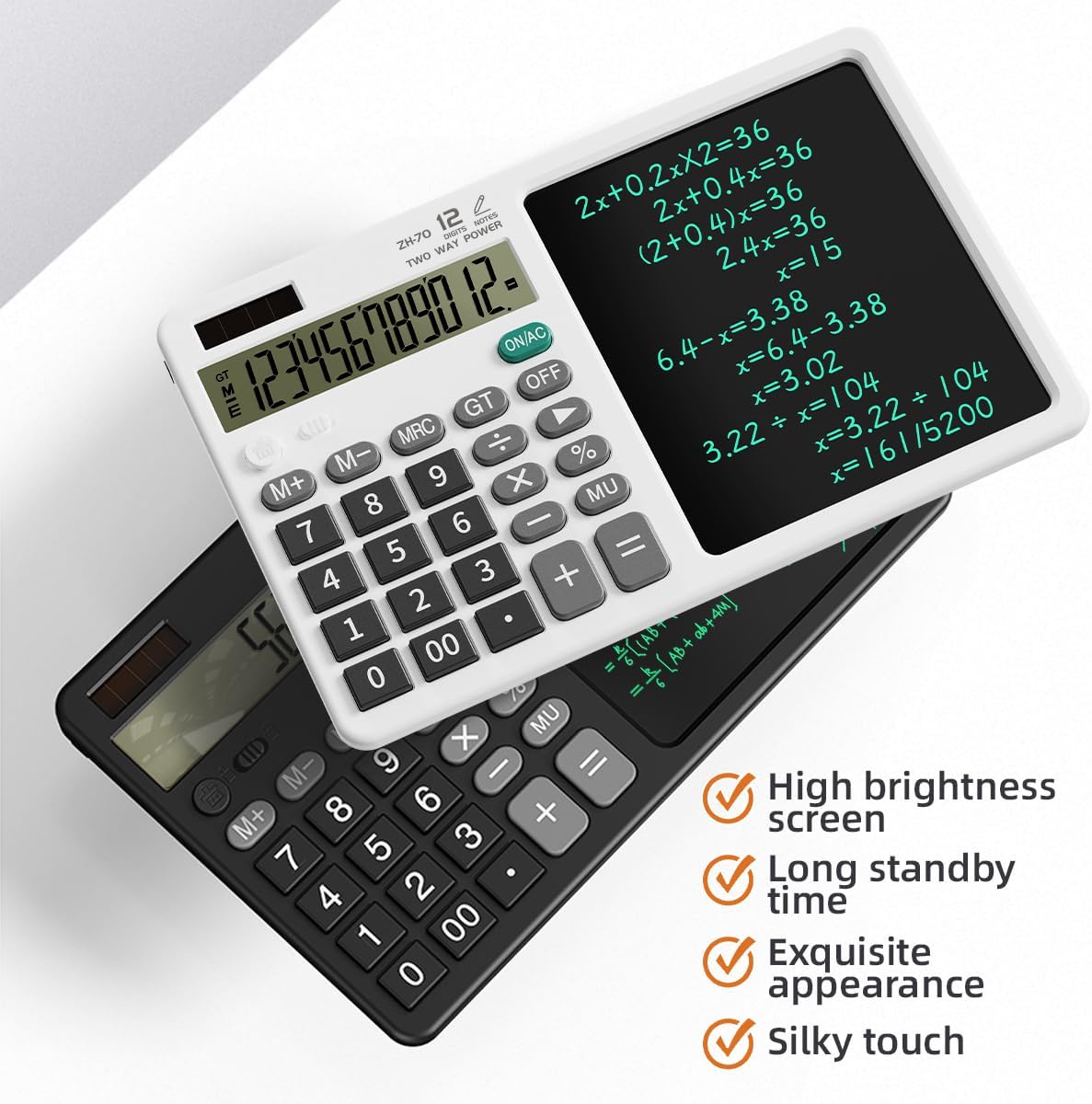 Desk Calculator with Erasable Writing Pad, 12-Digit Wide Screen Display, 100,000+ Reusable LCD Notepad, One-Click Clear & Lock Function, Solar and Battery Dual Power for Office,School,Business (Black)