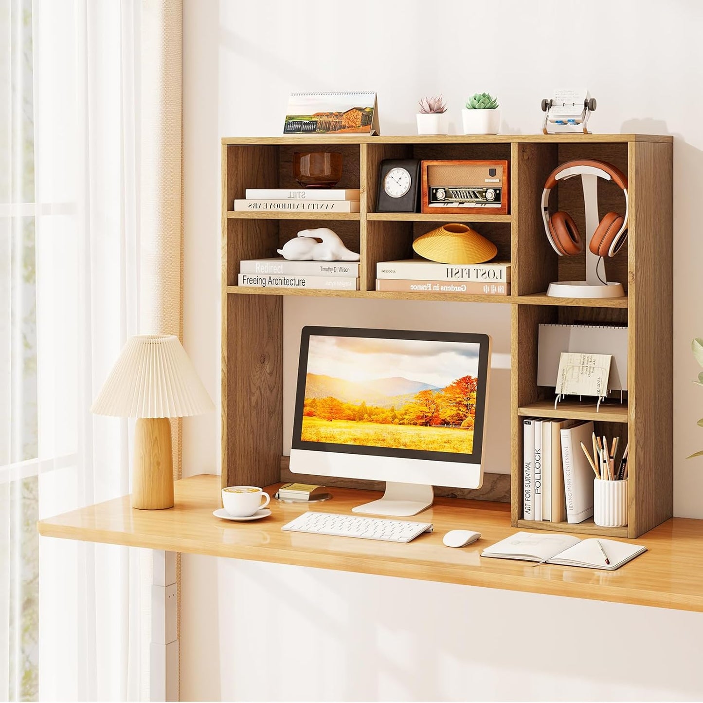 Tangkula Desktop Bookshelf, Countertop Storage Hutch with 5 Shelves for Computer Desk, Desk 3-Tier Display Rack, Multipurpose Wood Desktop Hutch Storage Organizer for Dorm Office Home