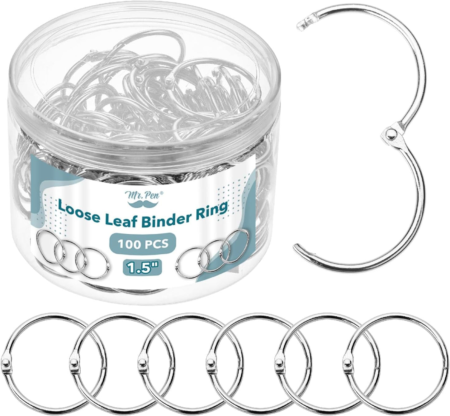 Mr. Pen- Loose Leaf Binder Book Rings, 5 Assorted Sizes (0.6", 1", 1.2", 1.5",2"), 36 Pack, Metal Binder Rings for Index Cards, Keychains, School, Home, Office, Silver