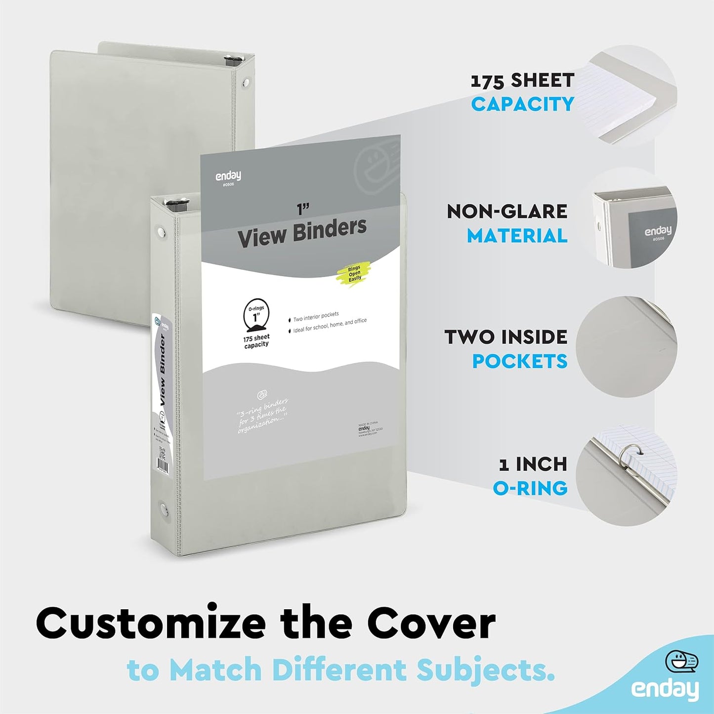 Enday 1 Inch Binder (6 Pack - Grey) 3 Ring Binder 1 inch with Clear View Cover and 2 Inside Pocket - for Letter Size 8.5 x 11'' Paper, Ideal for School Supplies, Office, and Home