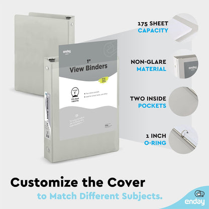 Enday 1 Inch Binder (6 Pack - Grey) 3 Ring Binder 1 inch with Clear View Cover and 2 Inside Pocket - for Letter Size 8.5 x 11'' Paper, Ideal for School Supplies, Office, and Home