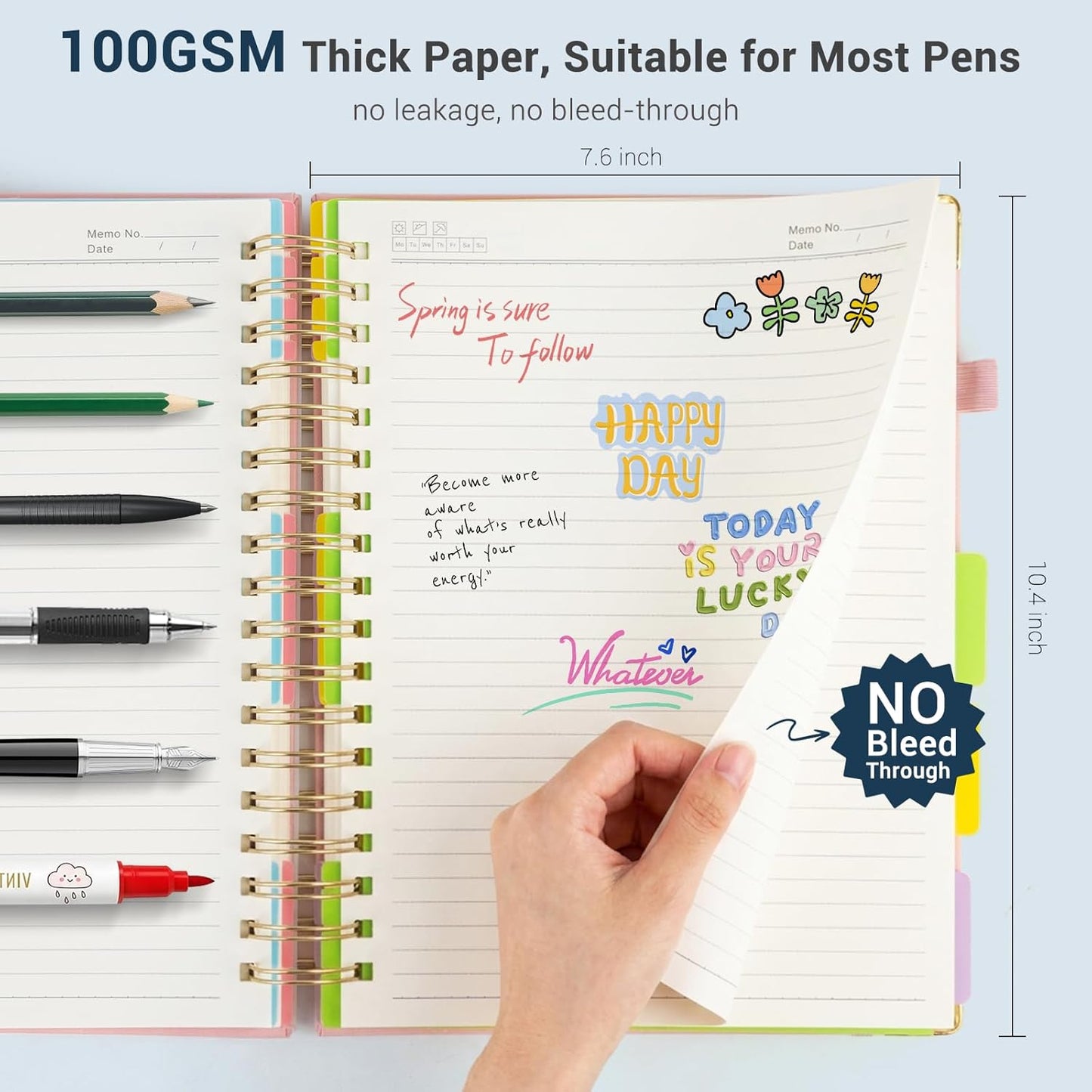 Hardcover Spiral Journal Notebook, 300 Pages 5 Subject Notebook College Ruled with Removable Dividers Tabs, 8" x 10" Notebooks for Work, Spiral Ruled Lined Writing Journal Hardcover Leather Notebook for School (Black, 8''x 10'')
