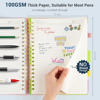 Hardcover Spiral Journal Notebook, 300 Pages 5 Subject Notebook College Ruled with Removable Dividers Tabs, 8" x 10" Notebooks for Work, Spiral Ruled Lined Writing Journal Hardcover Leather Notebook for School (Black, 8''x 10'')