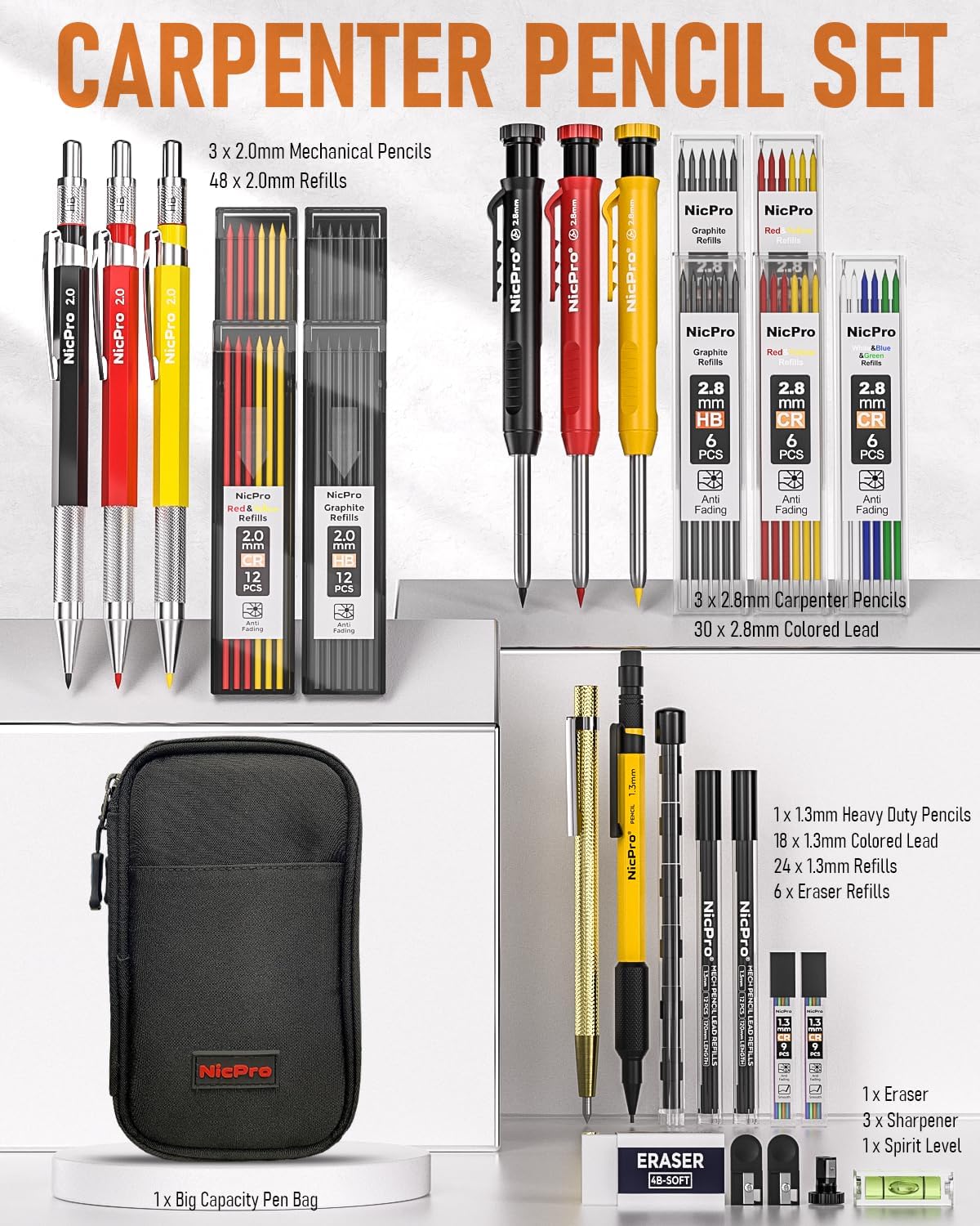 Nicpro 31 Pack Carpenter Pencil Set with Sharpener, Mechanical Carpenter Pencils with 128PCS Refills and Carbide Scribe Tool, Heavy Duty Construction Pencils for Architect Woodworking-With Canvas Case