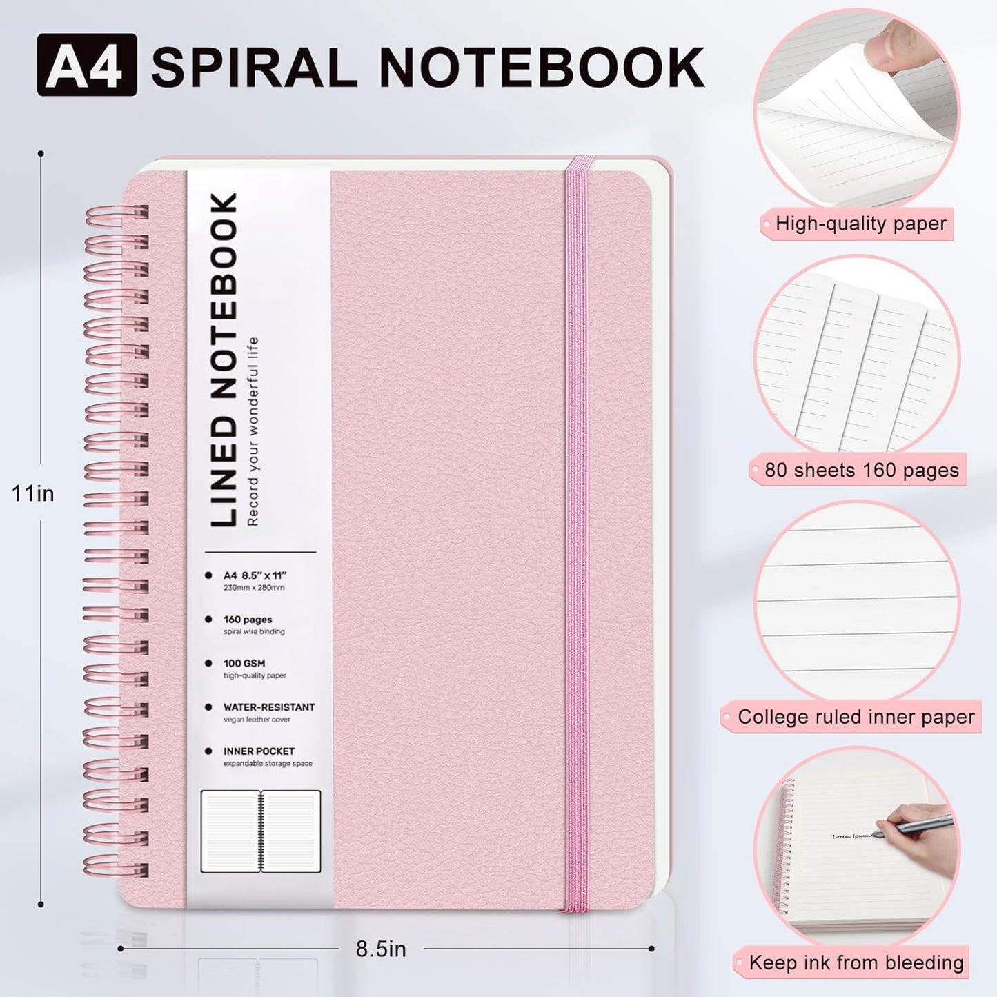 Lined Spiral Journal Notebook, A5 Hardcover Leather Notebook for Work, 5.7''×8.2'', 100GSM Thick Paper Spiral Bound Journaling Notebooks for Women & Men Office School Note Taking Business, Black