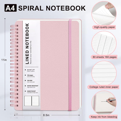 Lined Spiral Journal Notebook, A5 Hardcover Leather Notebook for Work, 5.7''×8.2'', 100GSM Thick Paper Spiral Bound Journaling Notebooks for Women & Men Office School Note Taking Business, Black