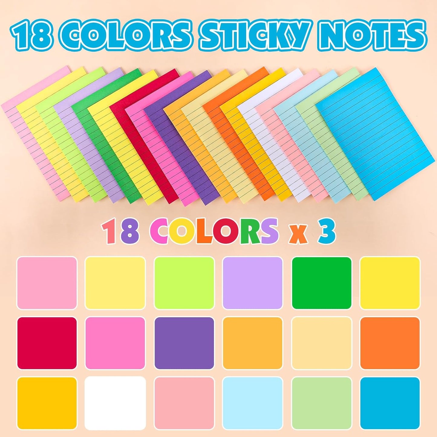 18 Pads Lined Sticky Notes, 18 Colors 4in x 6in Self Stick Note Pads, Strong Adhesive Sticky Note with Lines, Large Sticky Notes for School, Home, Office, 24 Sheets/Pad