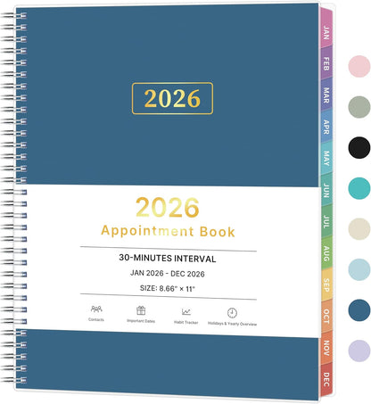 2026 Appointment Book, 30 Minutes-Hourly, Weekly ＆ Monthly Calendar Planner 2026, Jan 2026 - Dec 2026, 8.5'' x 11'', 2026 Daily Planner with Tabs ＆Pocket, Flexible Cover, Great for Office, Home, School
