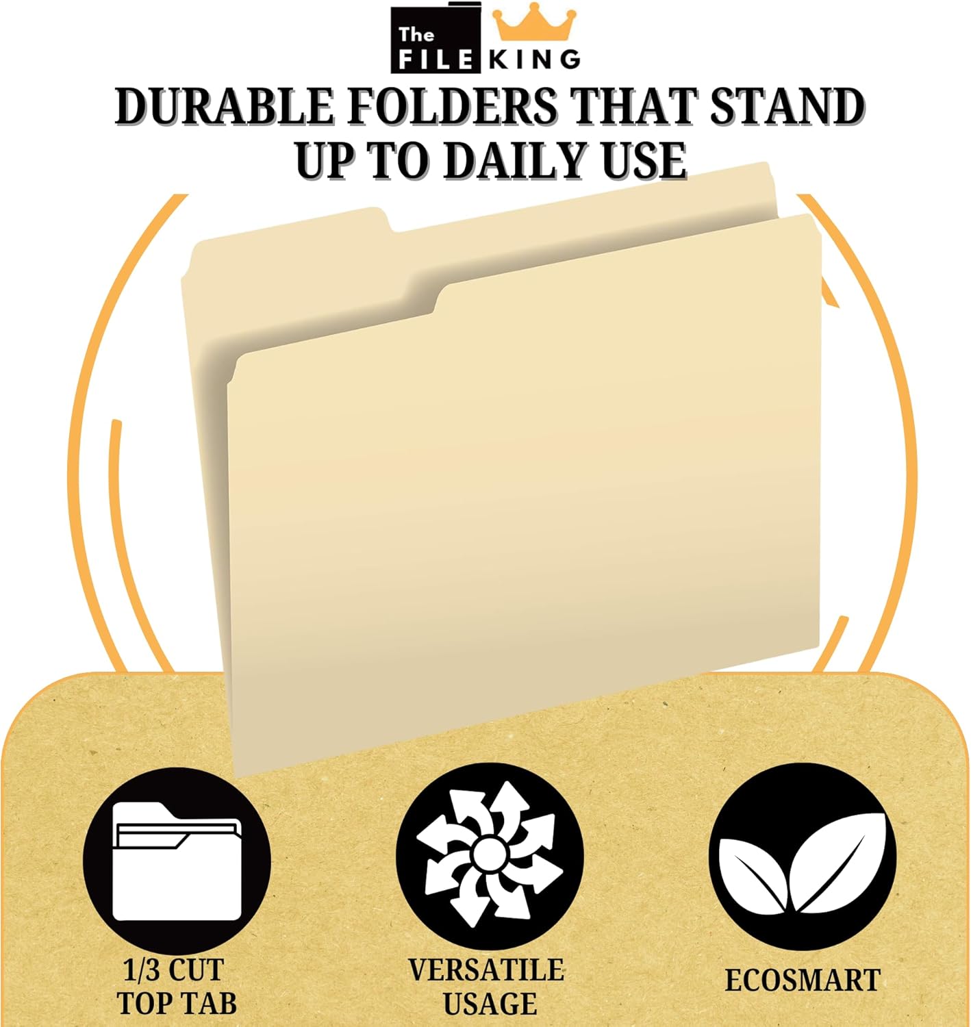 The File King 1/3 Cut File Folders Letter Size - 100 Pack | Manilla Folders 8.5 x 11 | Assorted 3 Tabs | Heavy Duty 11-Point Fiber | Made in USA | Undercut Front Style | Easy Labeling & Organization