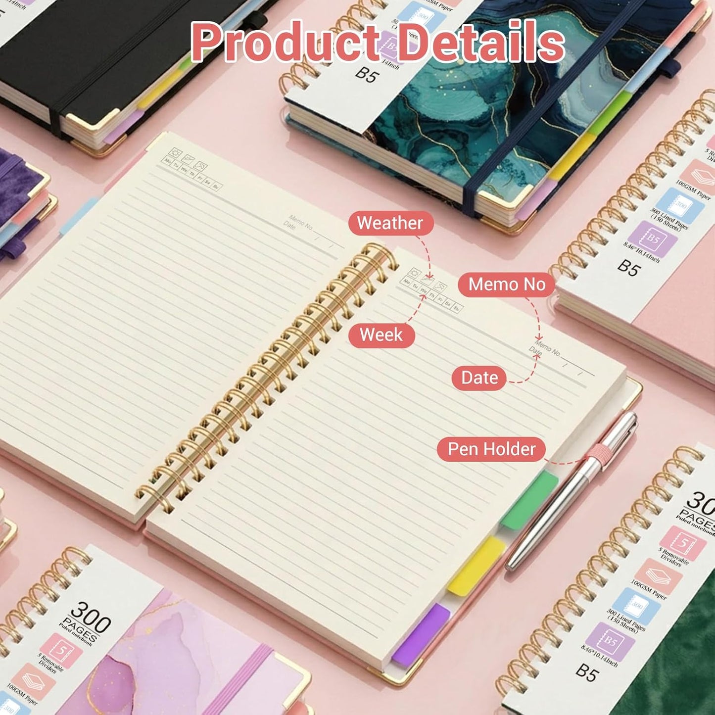 Hardcover Spiral Journal Notebook, 300 Pages 5 Subject Notebook College Ruled with Removable Dividers Tabs, 8" x 10" Notebooks for Work, Spiral Ruled Lined Writing Journal Hardcover Leather Notebook for School (Black, 8''x 10'')