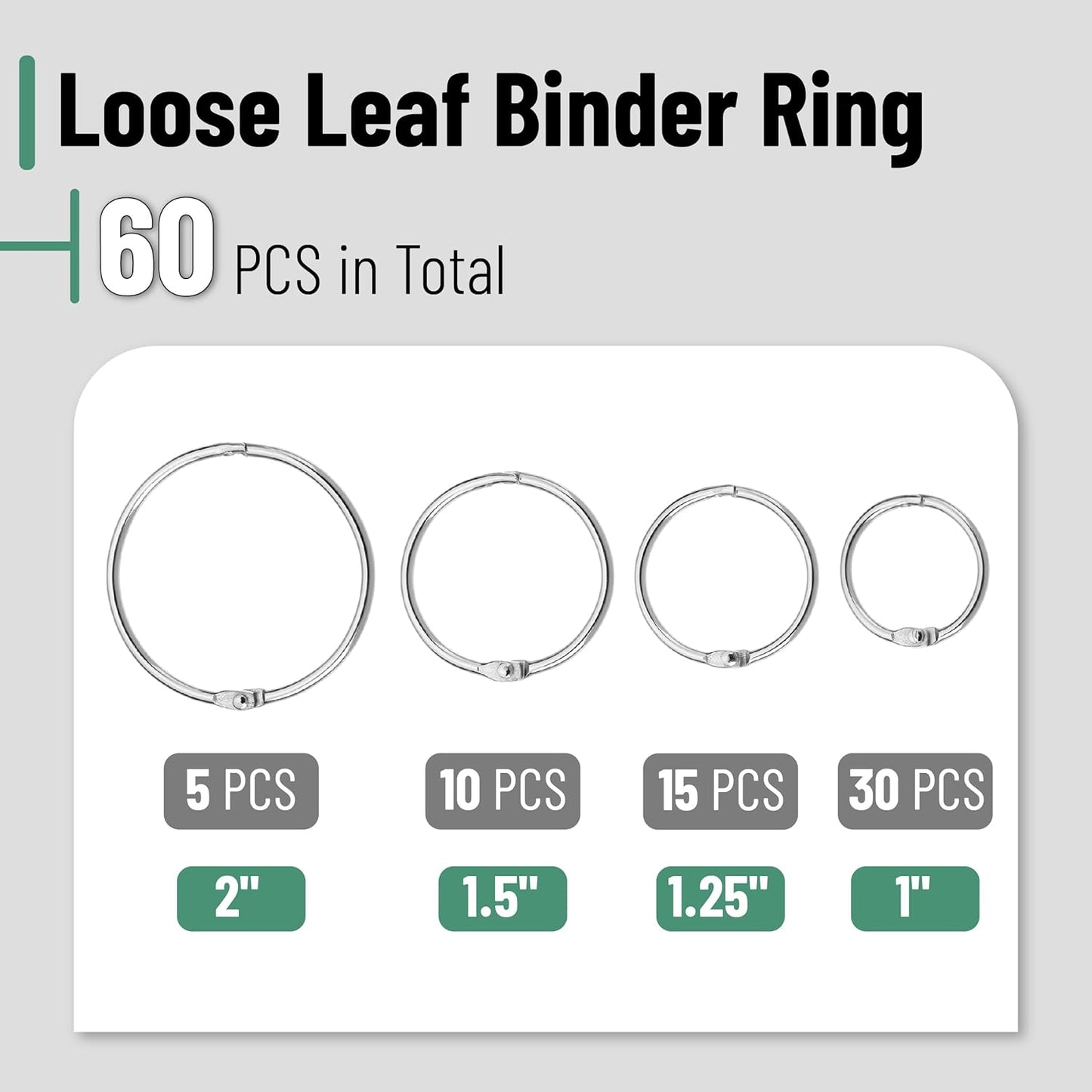 Mr. Pen- Loose Leaf Binder Book Rings, 5 Assorted Sizes (0.6", 1", 1.2", 1.5",2"), 36 Pack, Metal Binder Rings for Index Cards, Keychains, School, Home, Office, Silver