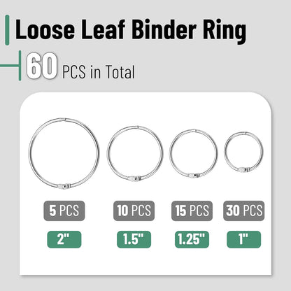 Mr. Pen- Loose Leaf Binder Book Rings, 5 Assorted Sizes (0.6", 1", 1.2", 1.5",2"), 36 Pack, Metal Binder Rings for Index Cards, Keychains, School, Home, Office, Silver