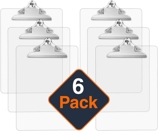 Plastic Clipboards (Set of 6) Transparent Clipboard (Clear) Strong 12.5 x 9 Inch | Holds 100 Sheets! Acrylic Clipboards with Low Profile Clip | Bulk Back to School Supplies for Teachers