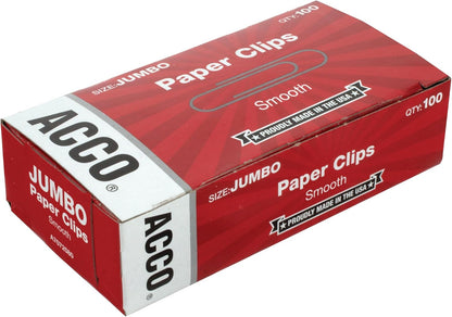 ACCO Paper Clips, Jumbo, Smooth, 100 Clips/Box, 1 Box (72580)