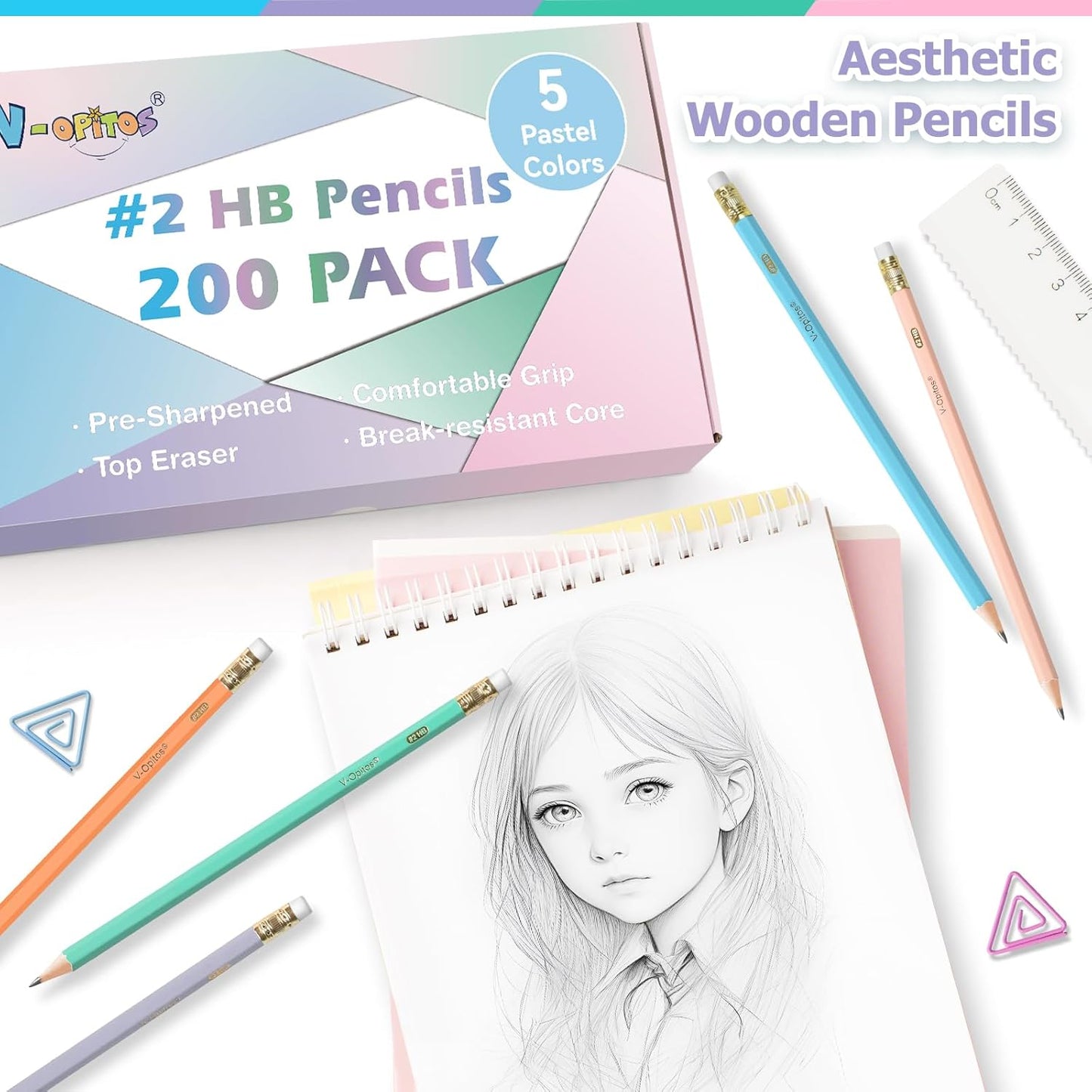 V-Opitos Wood-Cased #2 HB Pencils, 48 Pack Pre-Sharpened Pencils with Top Erasers, Bulk Pastel Color Pencils for School Teacher Supplies, Writing, Drawing and Sketching