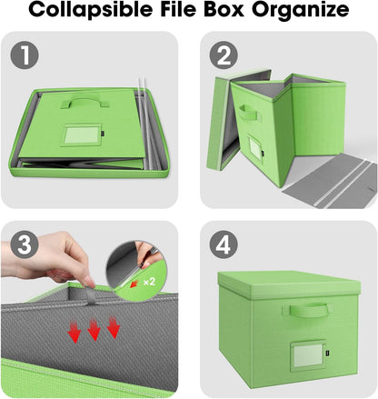 File Organizer Box with Lid, Linen Hanging File Storage Box with Handle, Collapsible Document Filling Box for Letter/Legal Folder, Portable File Box for Office/Decor/Home (1 Pack, Green)