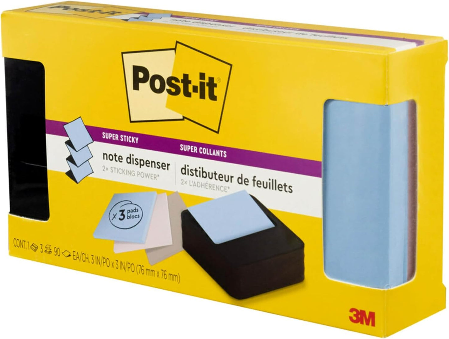 Post-it Note Dispenser, Sticky Note Holder, Black Wave Design, Includes 3 Pads of 90 Sheets of 3 in x 3 in Pop-Up Notes, Classroom or Office Supplies