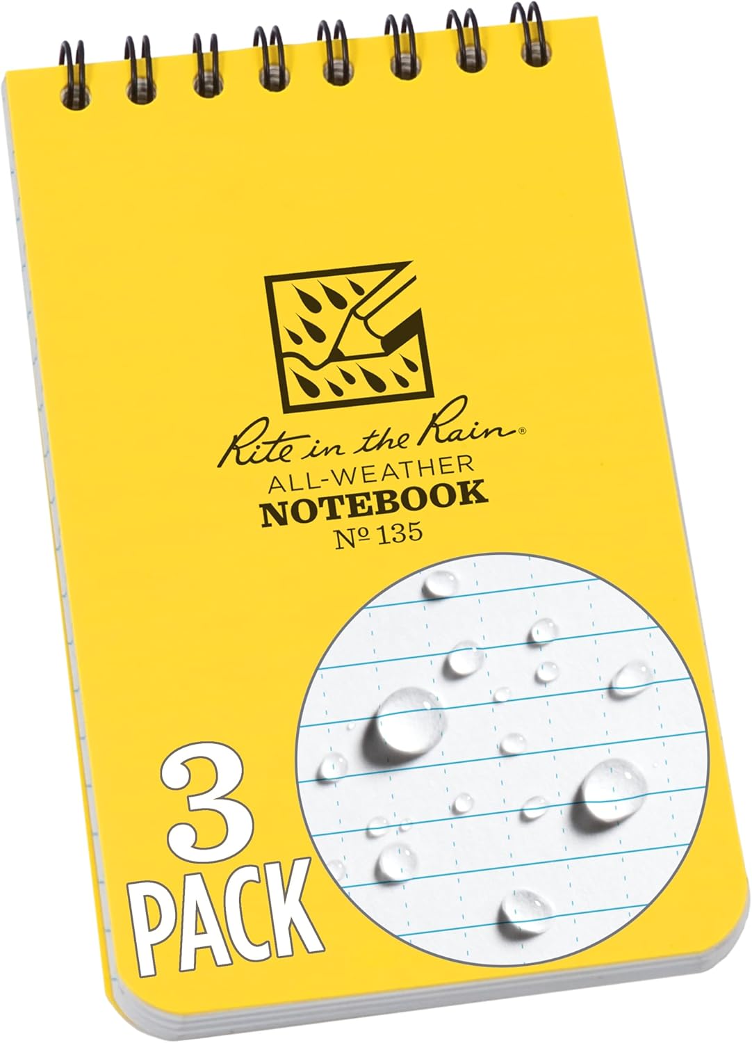Rite in the Rain Weatherproof Top Spiral Notebook, 3" x 5", Black Cover, Universal Pattern, 3 Pack (No. 735-3X)