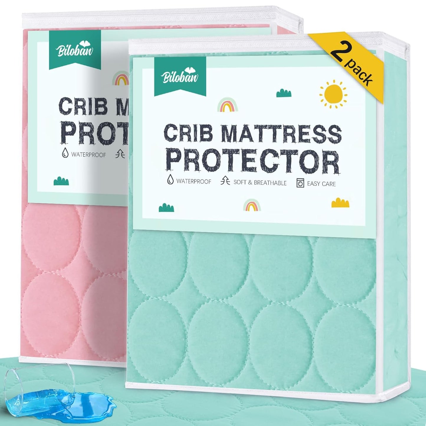Crib Mattress Protector Sheets Waterproof 2 Pack, Quilted Crib Mattress Pad Cover Fitted Fits for Toddler Bed Mattress, White, 52” x 28”