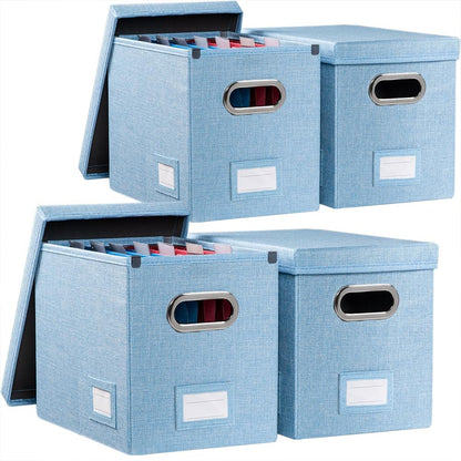 PRANDOM File Organizer Box - Collapsible Decorative Linen Filing Storage with Lids for Letter Size - Grey (14x9.3x10.8 inch)