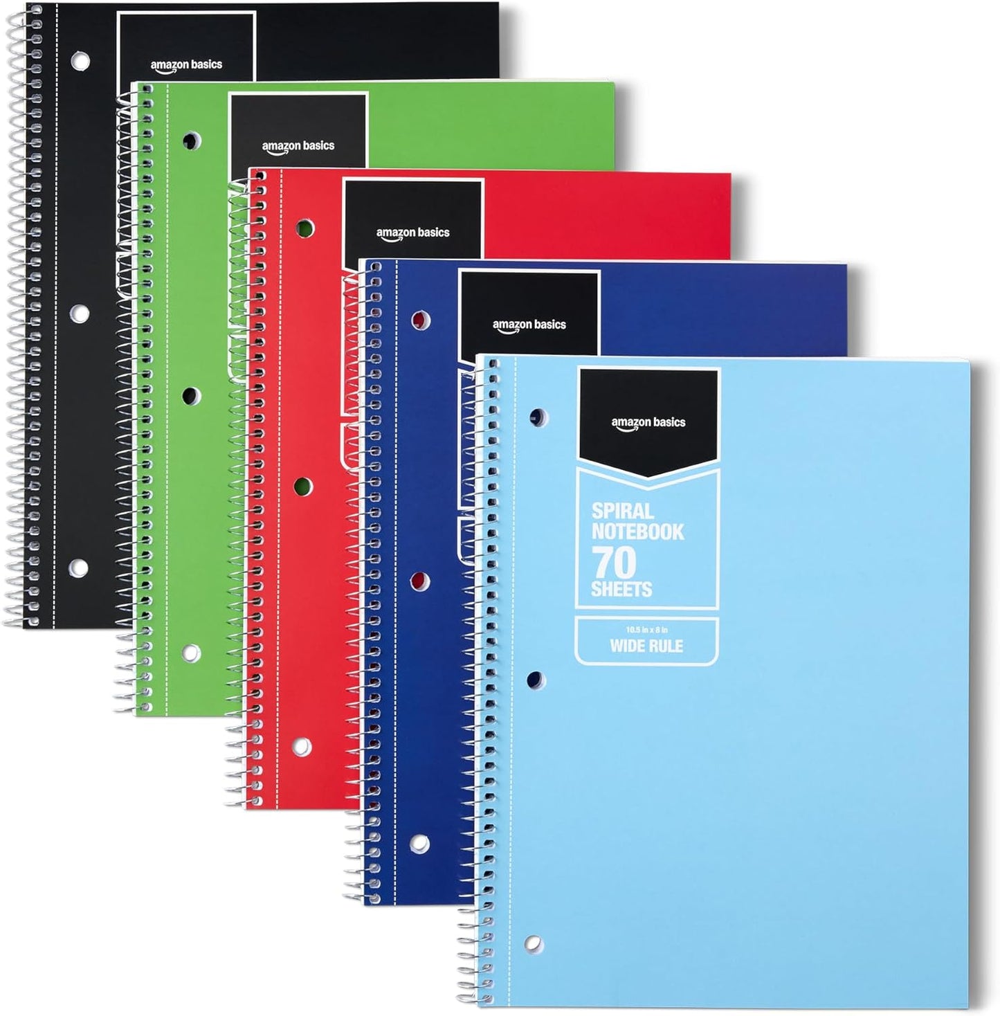 Amazon Basics College Ruled Spiral Notebook, For Work and School, 70 Sheets, 8" x 10.5", Assorted Solid Colors, 5 pack