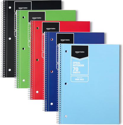 Amazon Basics College Ruled Spiral Notebook, For Work and School, 70 Sheets, 8" x 10.5", Assorted Solid Colors, 5 pack