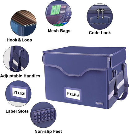 DocSafe Fireproof Document Box with Lock, File Storage Organizer with Mesh Pockets, Collapsible Portable File Box Home Office Safe Filing Cabinet with Handle for Hanging Letter/Legal Folder, Black