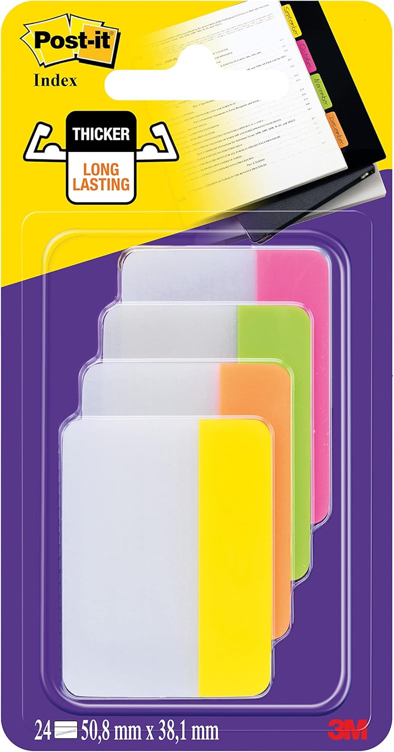 Post-It 686-PLOY Index Strong Filing Tabs, Pink, Green, Orange, Yellow, 51 x 38 mm (6 of Each Colour)