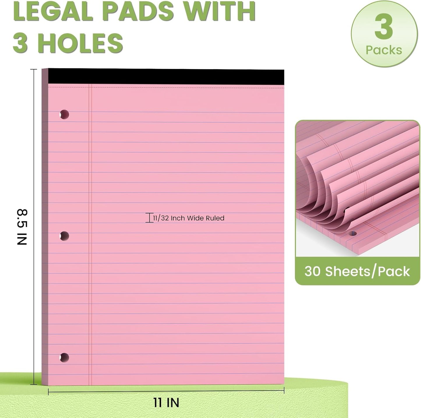 Legal Pads 8.5x11, White Notepads 8.5x11, Wide Ruled Lined with 3 Hole Punch, Loose Leaf Notebook Paper for 3 Ring Binders, 3 Pack, 30 Sheets/Pack, Perforate for School, Office, Home