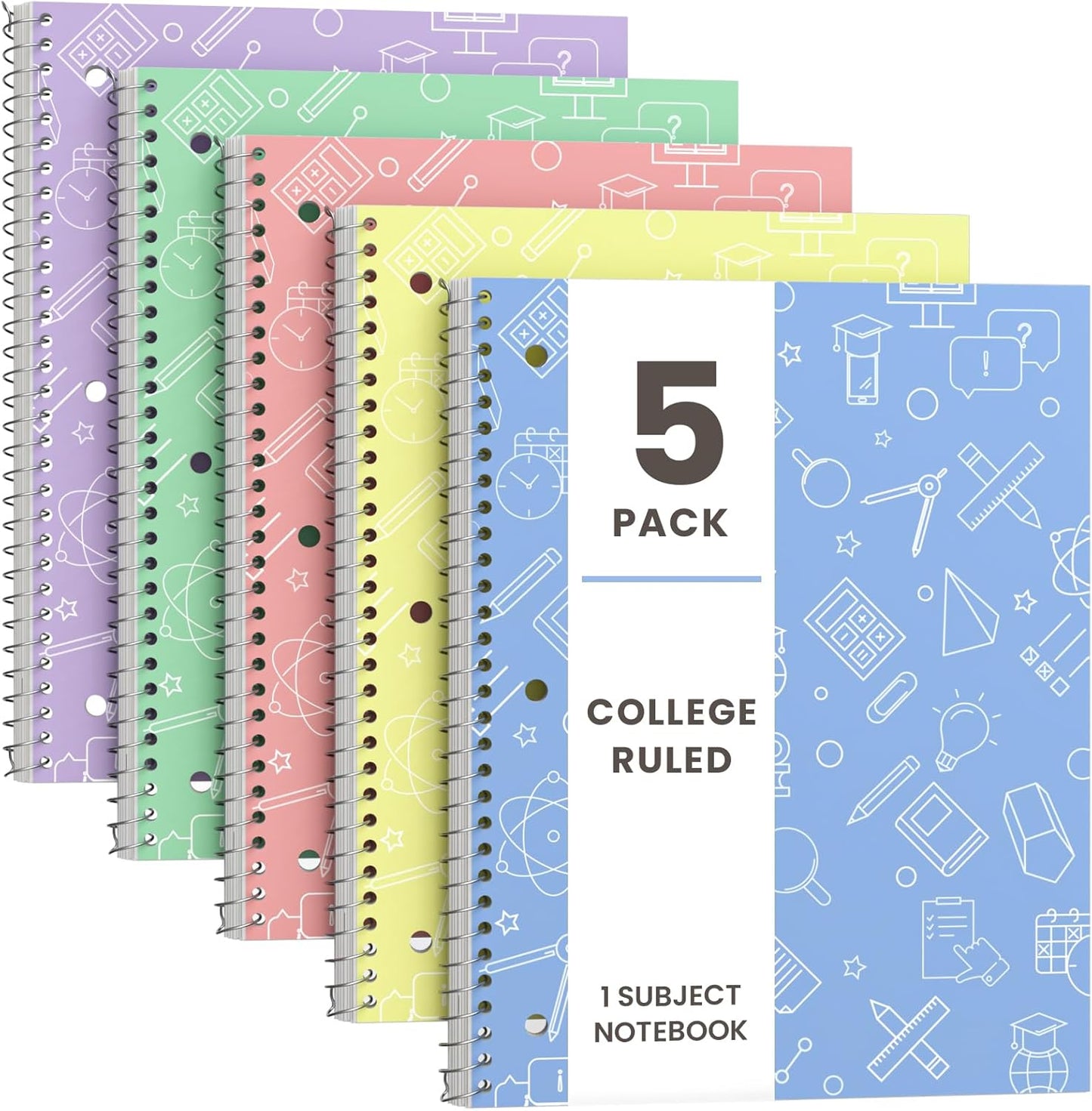 Oucaru Spiral Notebook College Ruled, 5 Pack, 1 Subject, 70 Sheets 8-1/2" x 10", 3 Hole Punched, Lined Journaling Notebooks, for Writing, Home & Office, School Supplies
