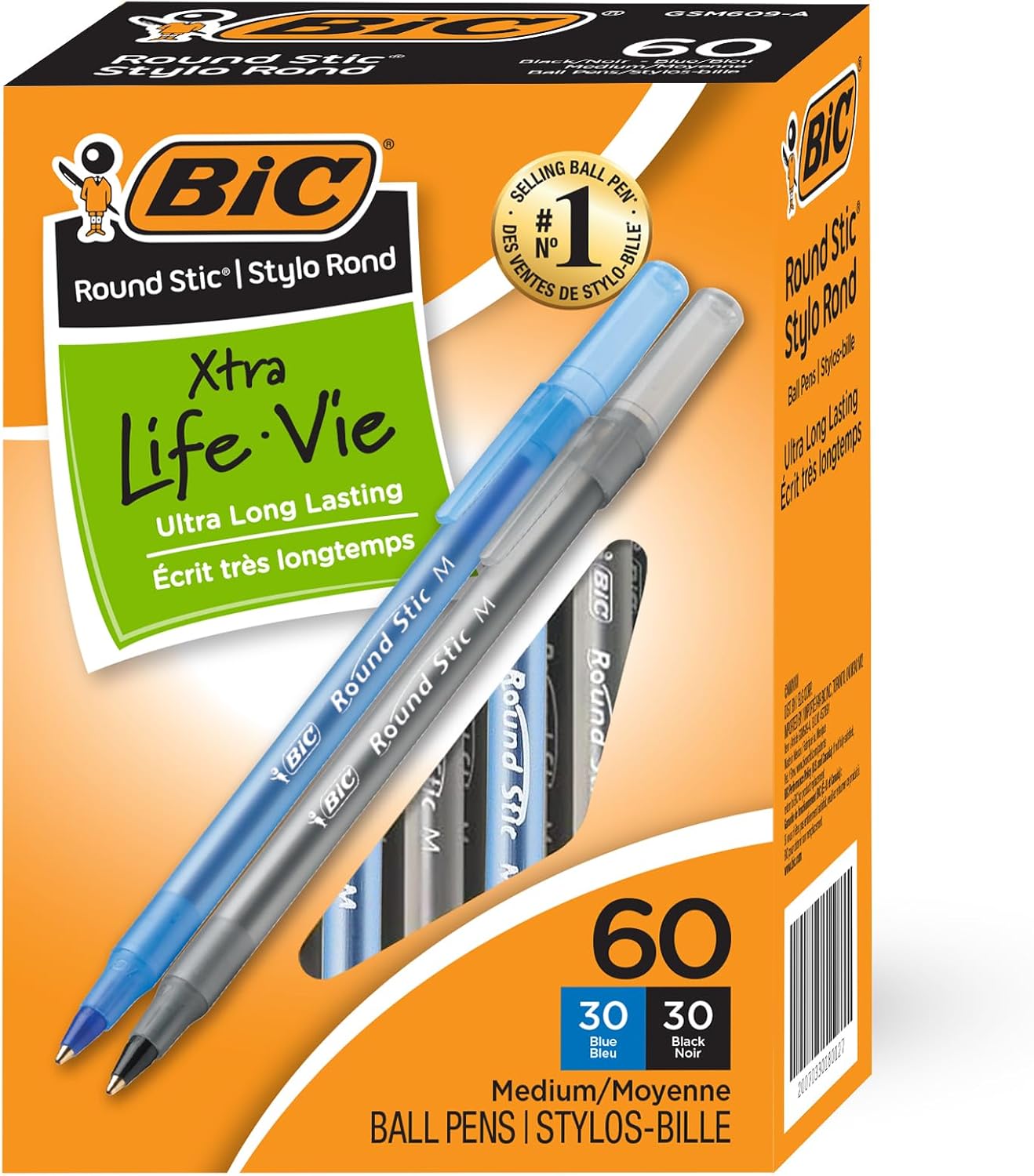 BIC Round Stic Xtra Life Pens, Medium Point 1.0 mm, 30 Black & 30 Blue Ink Pens, Pack of 60