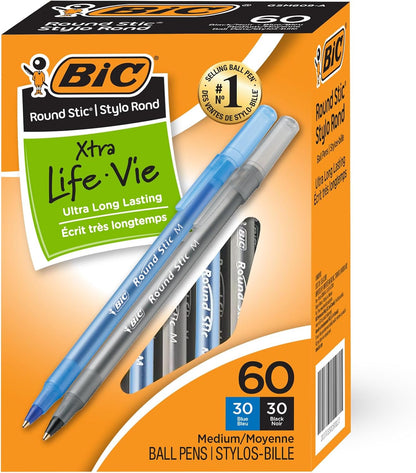 BIC Round Stic Xtra Life Pens, Medium Point 1.0 mm, 30 Black & 30 Blue Ink Pens, Pack of 60