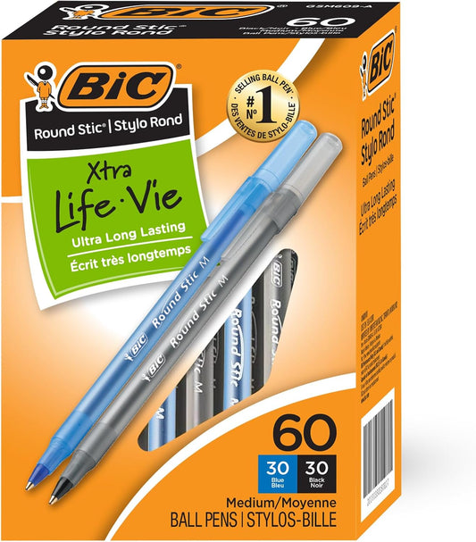 BIC Round Stic Xtra Life Pens, Medium Point 1.0 mm, 30 Black & 30 Blue Ink Pens, Pack of 60