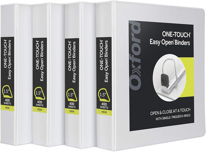 Oxford 3 Ring Binders, Binders for School and Office, 2 Inch ONE-Touch Easy Open D Rings, 3-Sided View Binder Covers, Xtralife Hinge, Non-Stick, PVC-Free, White, 530-Sheet Capacity, 4 Pack (79910)