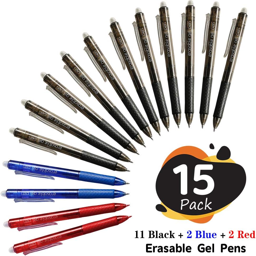 Erasable Gel Pens, 15 Pack Black Retractable Erasable Pens Clicker, Fine Point, Make Mistakes Disappear, Black Inks for Writing Planner and Crossword Puzzles…