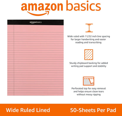 Amazon Basics Wide Ruled Lined Writing Note Pads with Sturdy Back, 8.5" x 11.75", Multicolor, 6-Pack, 300 Sheets, Perforated