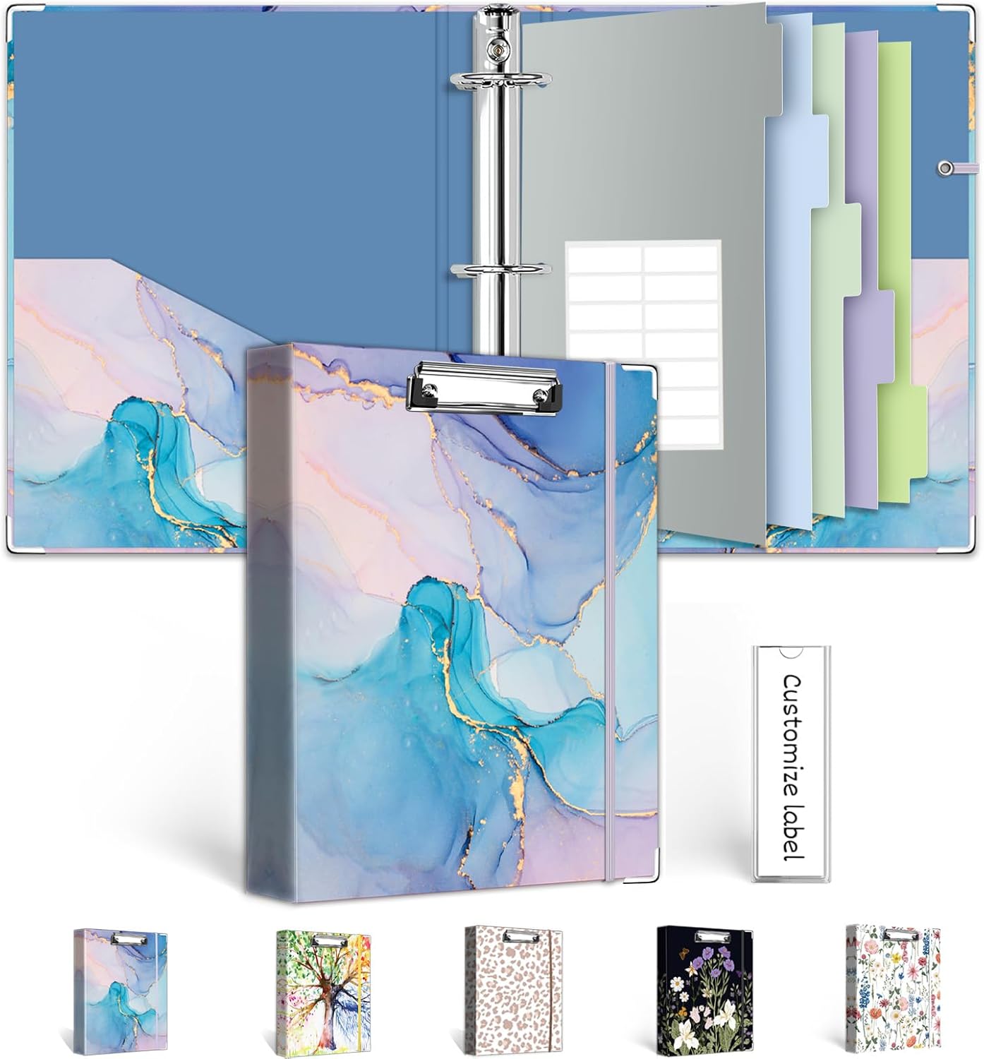 3 Ring Binder 1 Inch, Three Ring Binders Organizer with Clipboard, 5-Tabs Pockets Dividers, Plastic Folder, 18 Divider Stikers, BVSSX Pretty Binder with Pen Loop (Black Weeds, Letter Size)