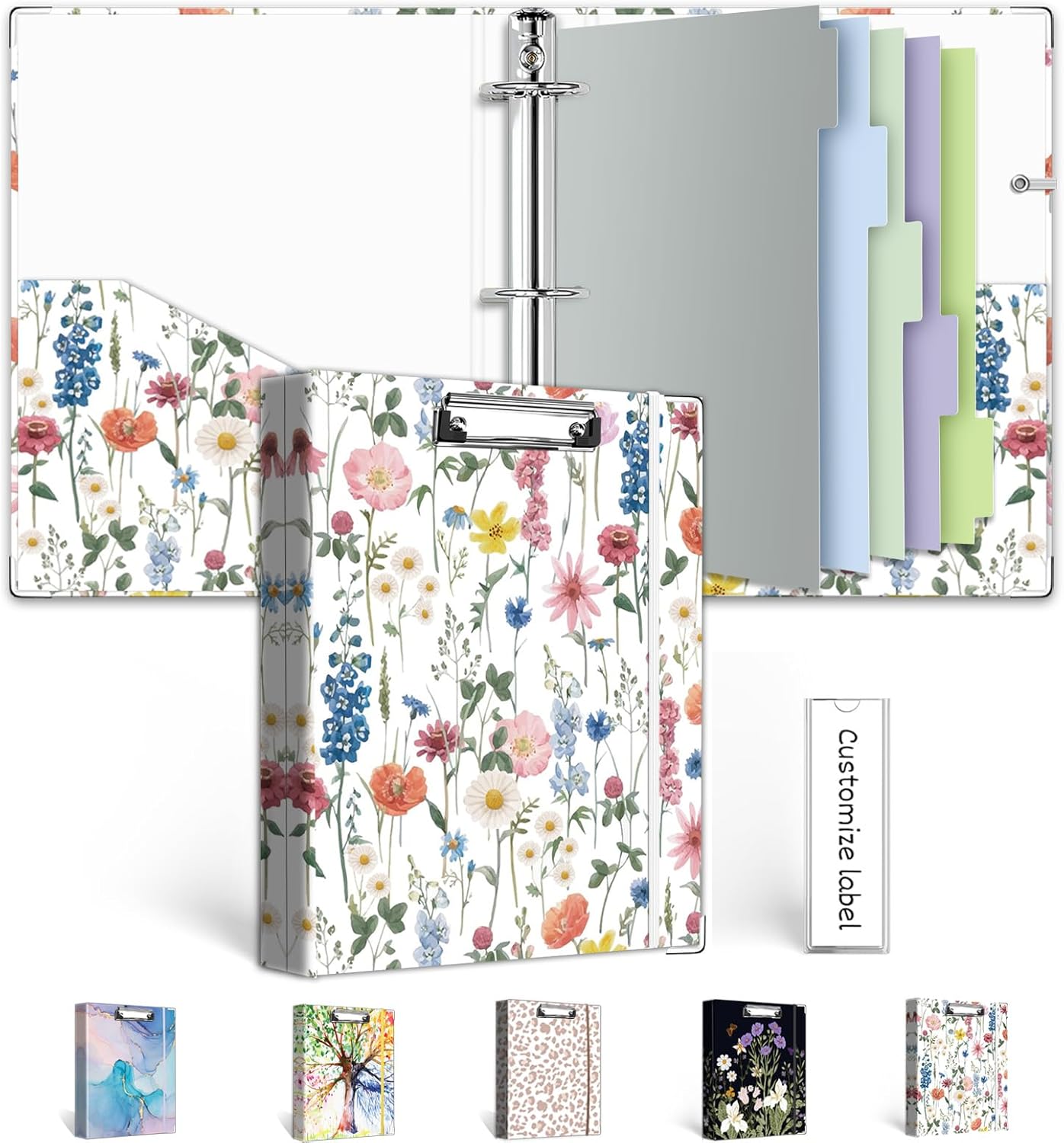 3 Ring Binder 1 Inch, Three Ring Binders Organizer with Clipboard, 5-Tabs Pockets Dividers, Plastic Folder, 18 Divider Stikers, BVSSX Pretty Binder with Pen Loop (Black Weeds, Letter Size)